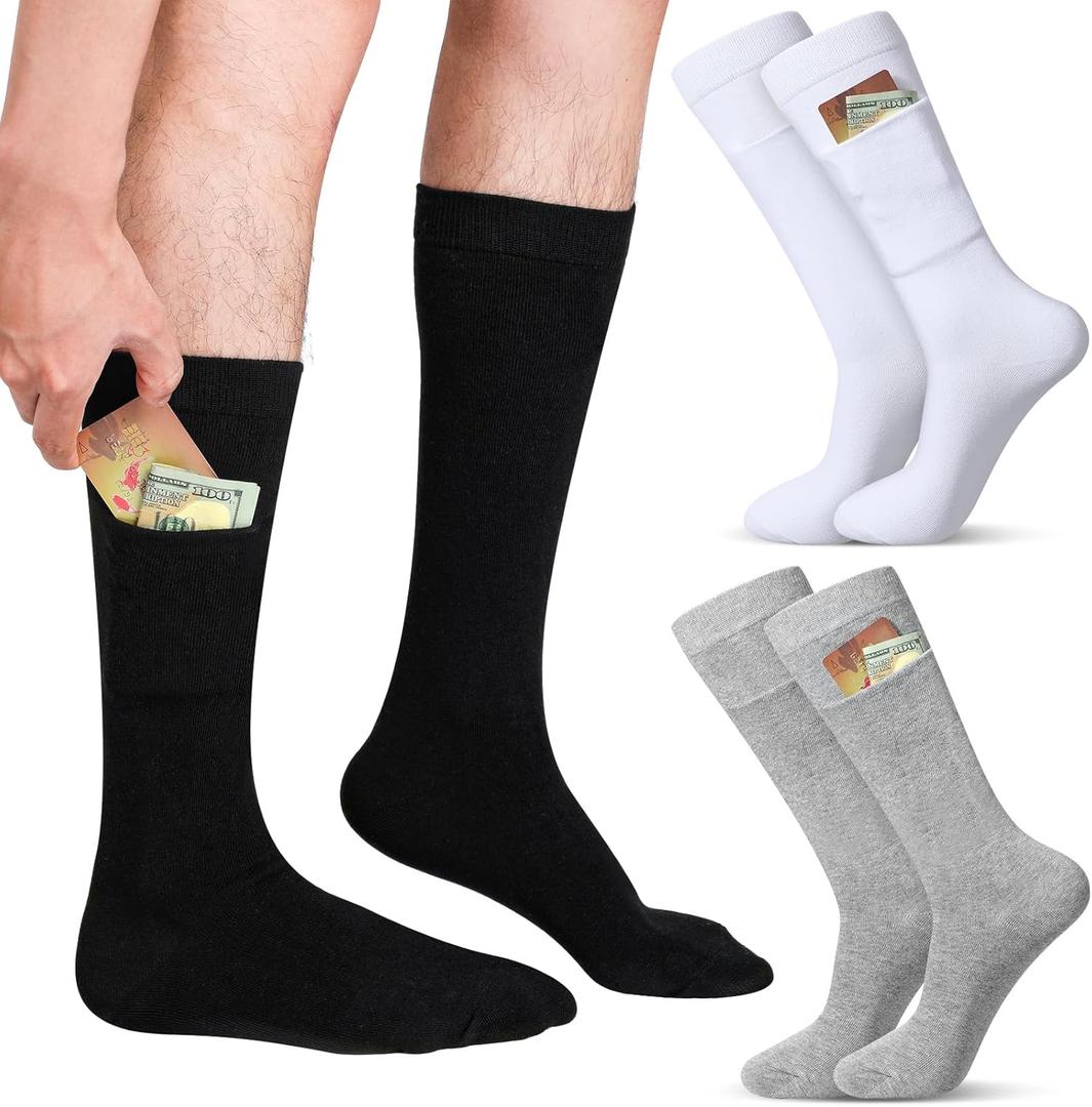Shihanee 3 Pairs Mens Novelty Pocket Dress Socks Wallet Crew Socks with Hidden Pockets for Traveling, Hiking, Cycling, Working 5.11 x 3.54 inch