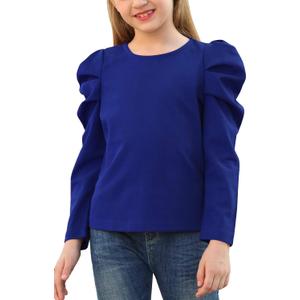 GORLYA Girl's Puff Sleeve Casual Solid T-Shirt Pullover Keyhole Back Blouse Tops for 4-14T Kids (Blue-long Sleeve)