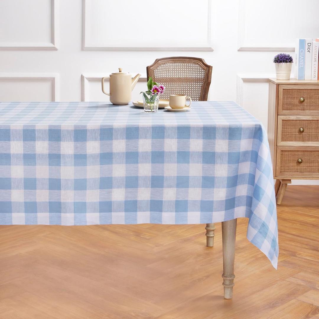Solino Home Buffalo Check Tablecloth 60 x 120 Inch - 100% Pure Linen Chambray Blue and White Plaid Table Cloth for Rectangle Tables - Machine Washable Checkered Tablecloth for Mothers Day, Summer (120" x 60" (Rectangular), Chambray Blue & White)