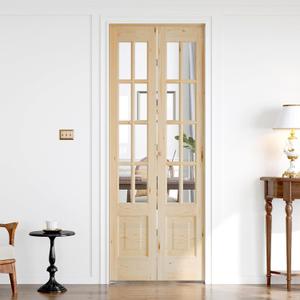 Bifold Doors for 32"80" Opening, Clear Glass French Interior Folding Barn Door with Concealed Hardware Kit Included, Spruce Wood Support DIY Dyeing, Preassembled Door, Save Space