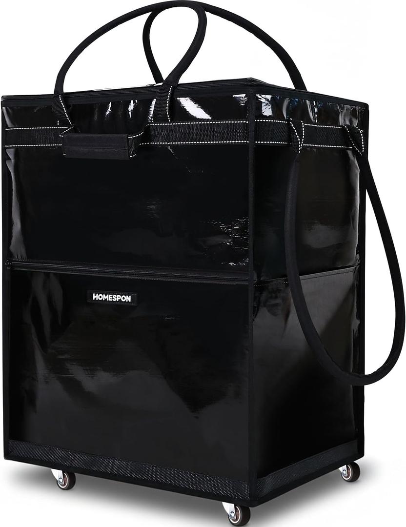HOMESPON Large Black Rolling Shopping Bag with Wheels 142L Heavy-Duty Storage Organizer Waterproof & Zipper Closure Trolley Tote with 5 Handles for Travel,Camping,Grocery,Laundry and Daily Use