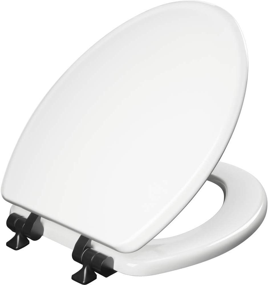 Mayfair Bennett Toilet Seat with Matte Black Hinges, Slow Close Wood Seat, Secure Metal Hinges, Easy Install, Made in USA, Elongated, White