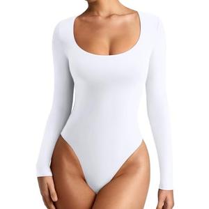 REORIA Women's Sexy Basic Scoop Neck Long Sleeve Double Lined Layering Slim Bodysuit Tops Size XL