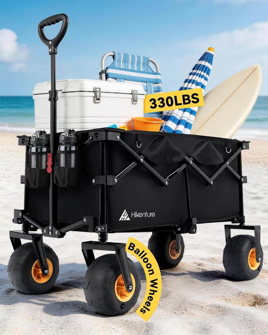 Hikenture Beach Wagon with Balloon Wheels, 7.5 Balloon Tires Collapsible Wagon, 330lbs Heavy Duty Beach Cart for Sand, Large Capacity Foldable Utility Wagon for Family Outings
