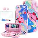 HYPERCASE Cute Anime Switch OLED Carrying Case Set, with Portable Travel Storage Bag of Pink Lining, Hardshell Protective Cover Skin, HD Screen Protector, Shoulder Strap & 2 Kawaii Thumb Caps