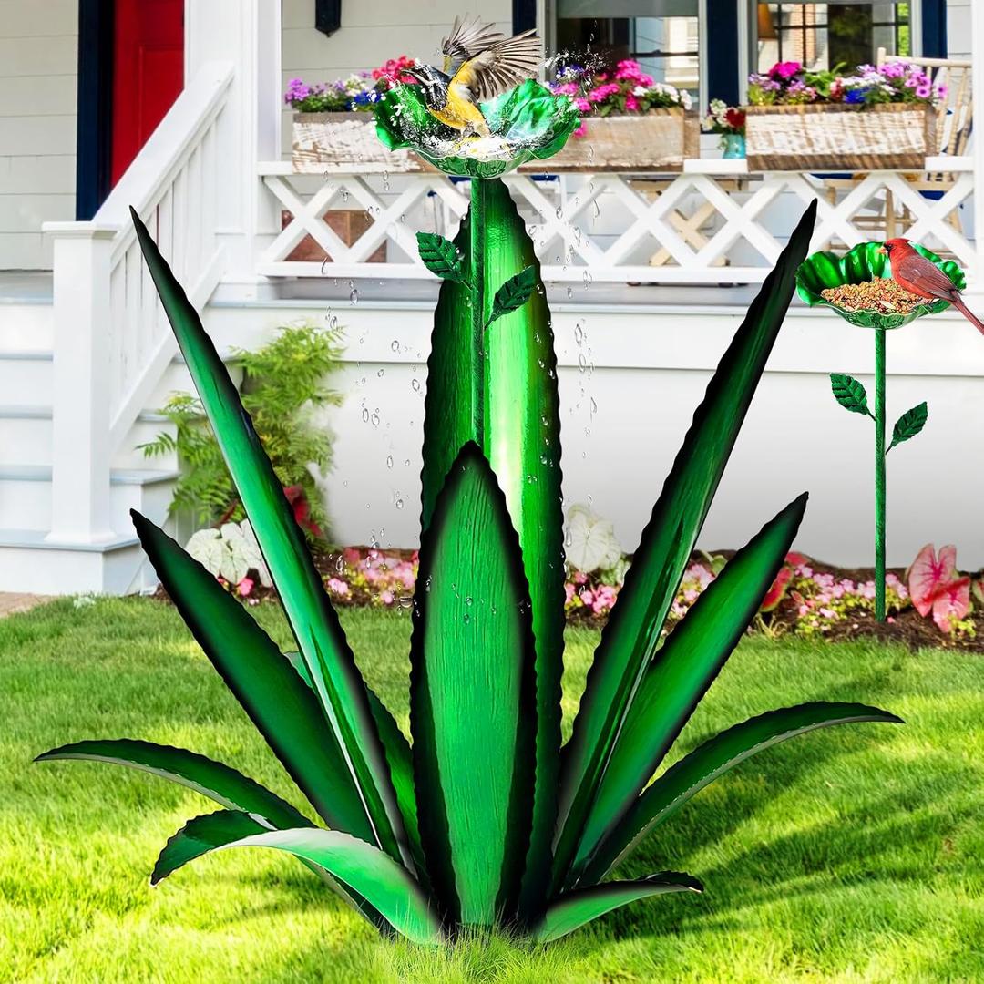 [2024 Upgraded] Large Metal Agave Yard Art, Rustic Sculpture, Hand Painted Metal Agave Plants with Bird Feeder, Garden Sculpture Statue Outdoor Decor (Green)