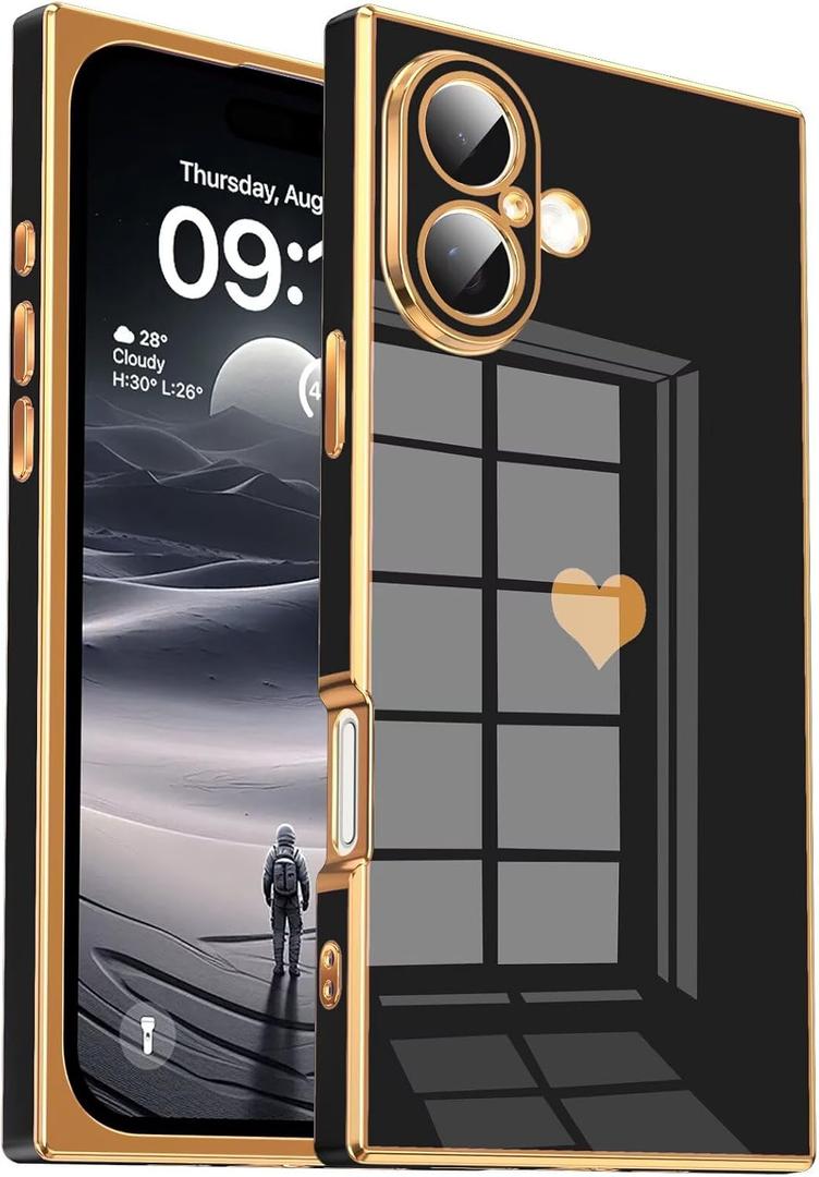 Tzomsze Compatible with iPhone 16 Plus Case,Camera Protection Cute Heart Pattern & Electroplate Reinforced Corners Shockproof Edge Bumper Case for Women Girls 6.7 Inch-Black