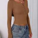 PRETTYGARDEN Women's 2025 Summer Long Sleeve Henley T Shirts Ribbed Knit Button Slim Fitted Basic Casual Going Out Fall Tops (Brown, XL)