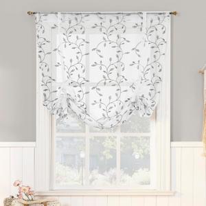 No. 918 Francine Embroidered Foliage Semi-Sheer Rod Pocket Window Tie-up Balloon Shade, White/Gray, 42" W x 63" L