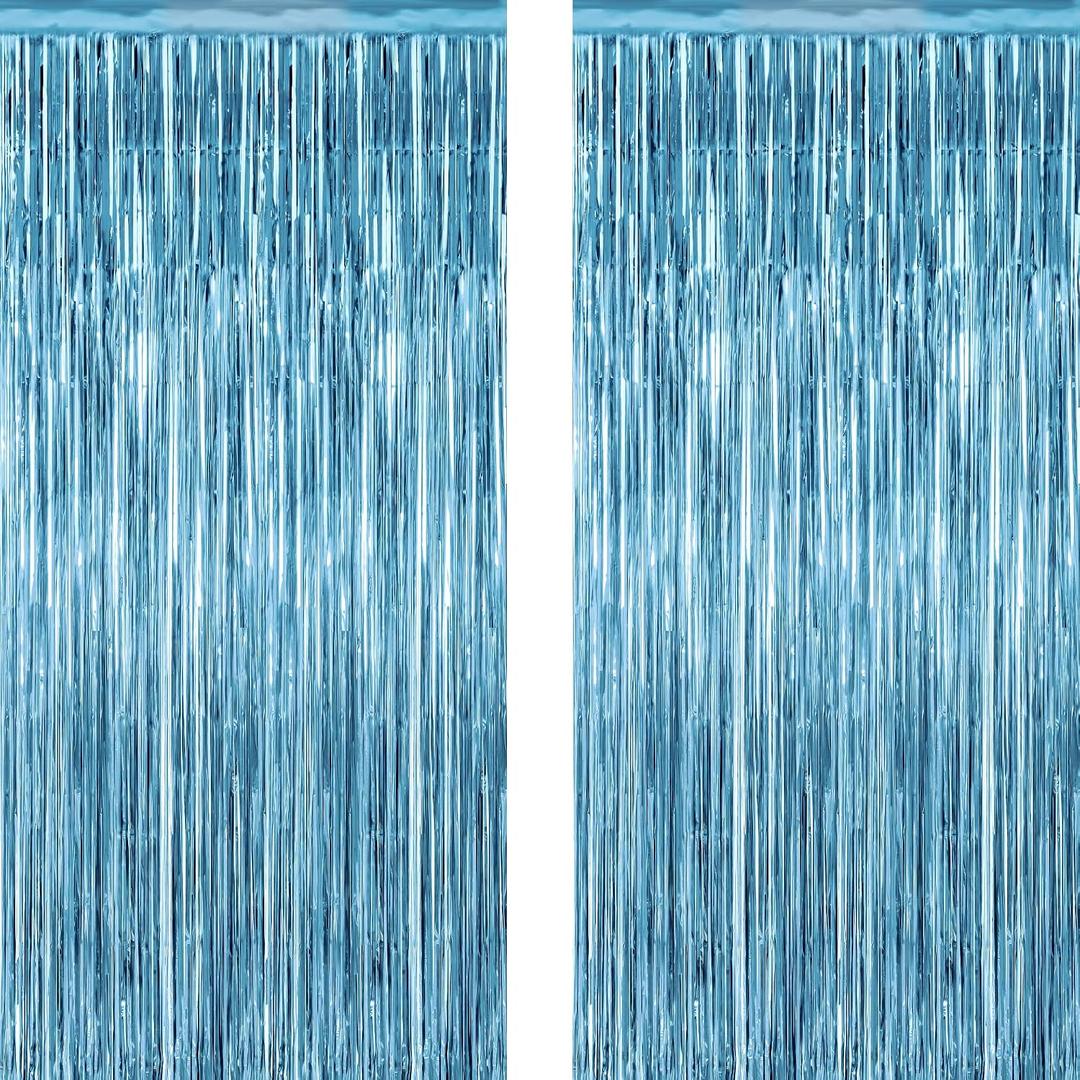 2 Pack Party Decorations, 3.28 FT x 7.05 FT Fringe Backdrop, Metallic Ocean Blue Foil Fringe Curtains Party Streamer Foil Backdrop, Light Blue Birthday Decorations Bachelorette Decor