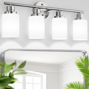 Bathroom Vanity Light Fixtures, 4-Light Brushed Nickel Vanity Lights, Bathroom Lighting Over Mirror, Vanity Light for Bathroom, Nickel Wall Light Fixture with White Frosted Glass Shades