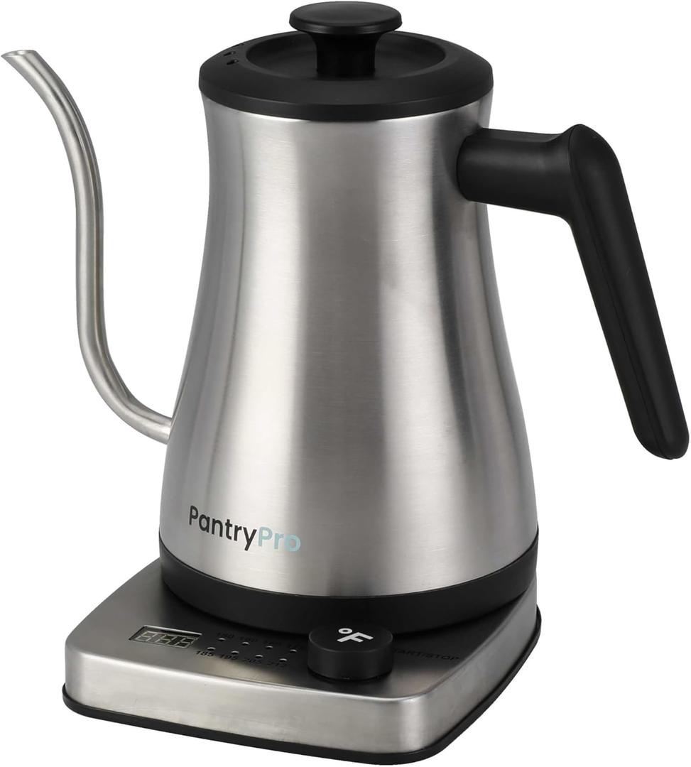 PantryPro Gooseneck Electric Kettle with Temperature Control, 34oz/1.0L Rapid Boil, Stainless Steel Interior, Auto Shut-Off, 1500W, Boil-Dry Protection, LED Indicator - Steel