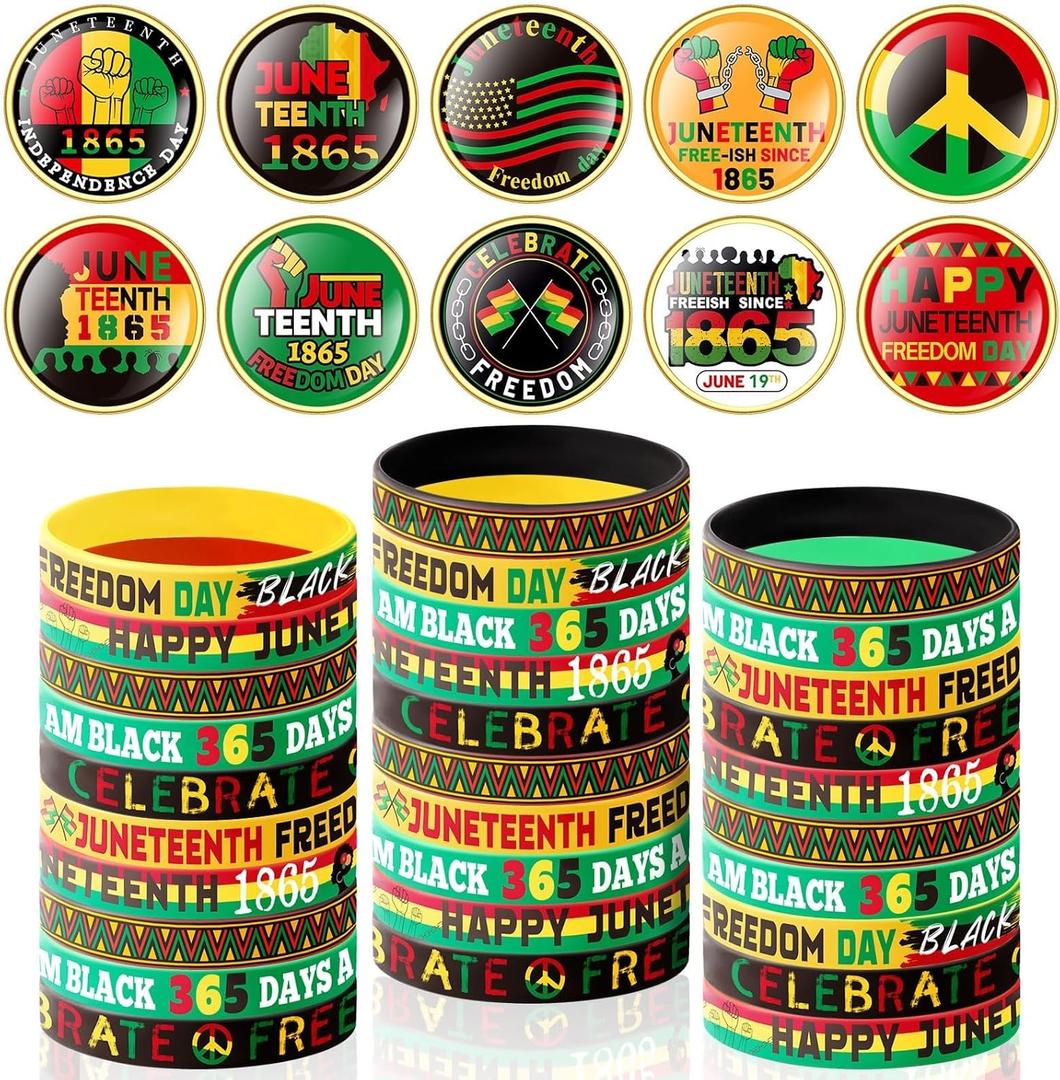 3 x 60Pcs Juneteenth Party Favors Bulk Include 30 Juneteenth Freedom Day Button Pins and 30 Happy Juneteenth Silicone Bracelets for 1865 Black Emancipation Day Activity Supplies Gifts