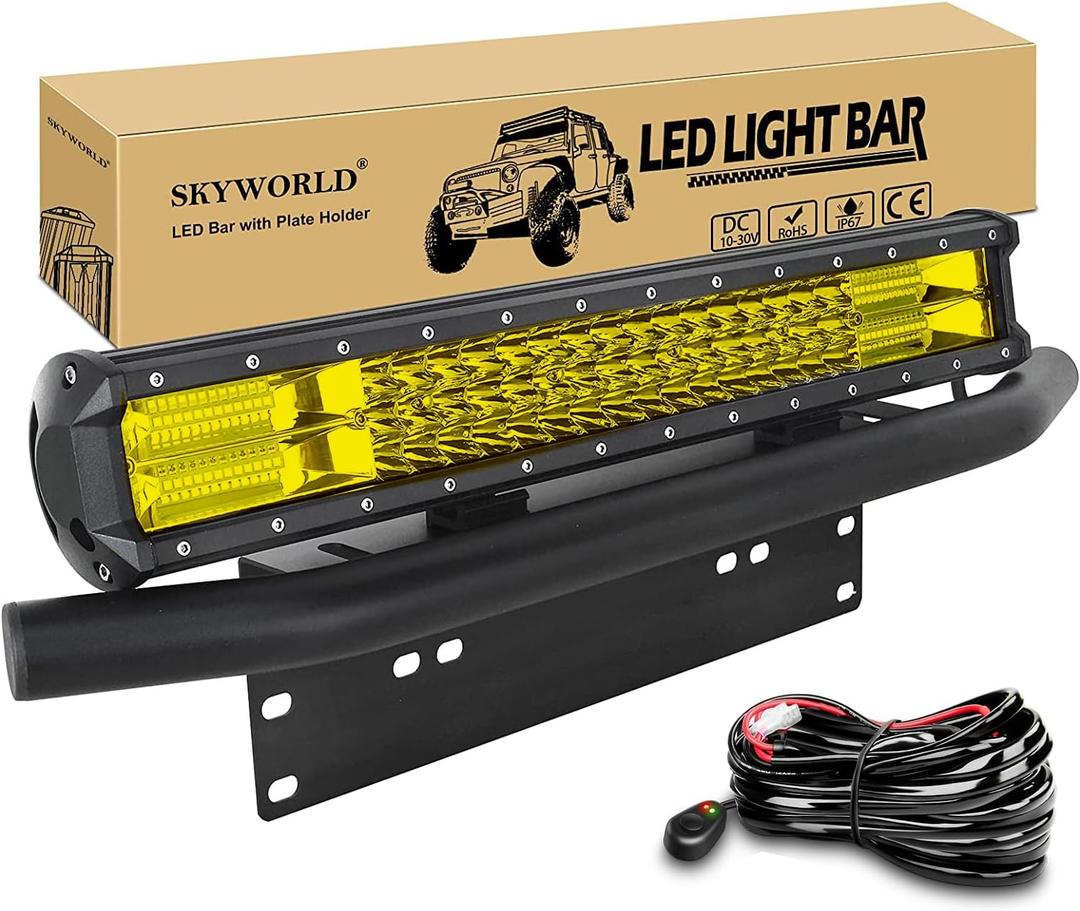 SKYWORLD 20 inch 288W Car Led Light Bar with 12V Wiring Harness Kit, Aluminum License Plate Mounting Bracket Holder for Off Road Truck SUV 4x4, 3000K Yellow Driving Fog Lights
