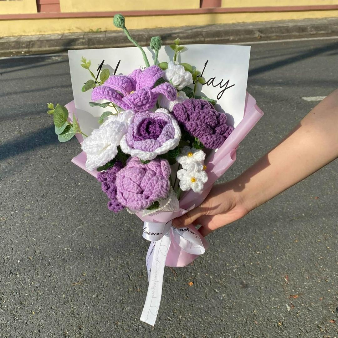 Completed Crochet Flowers Bouquet, Handmade Knitted Bouquet, Crochet Artificial Flowers for Mother's Day Birthday, Wedding Home Decor, Gifts for Mom (Purple Tulip)