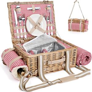 19Pcs Picnic Basket for 2 with Insulated Liner and Waterproof Picnic Blanket Wine Pouch, Large Wicker Picnic Hamper for Camping,Outdoor,Valentine Christmas for Couples,Red Gingham