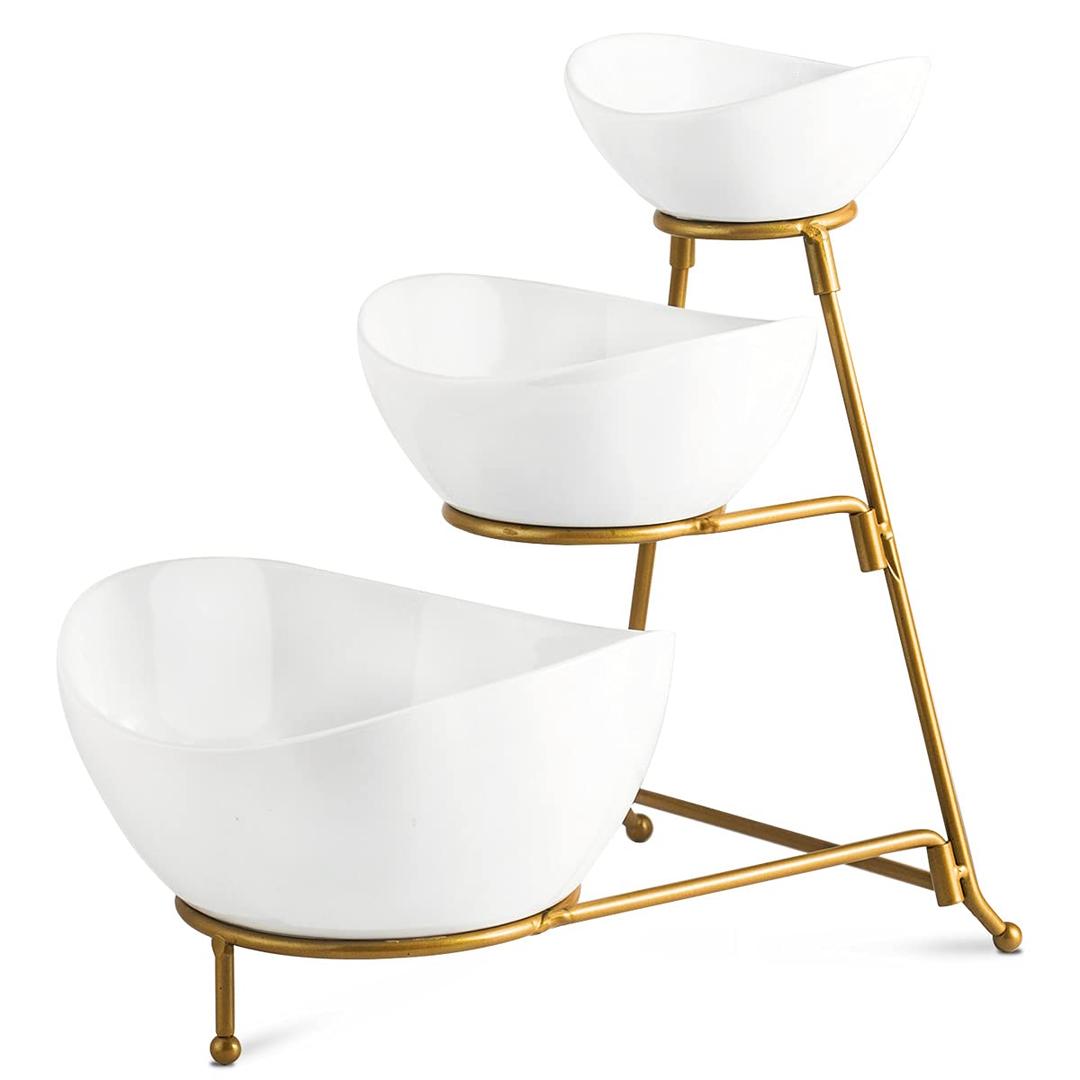 YHOSSEUN 3 Tier Serving Stand with 3 Oval Porcelain Serving Bowl Set with Collapsible Thicker Sturdier Metal Rack 