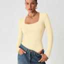 ATHMILE Women's Square Neck Long Sleeve Bodysuit Ribbed Slim Fitted Tops