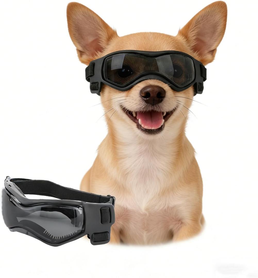 Enjoying Dog Sunglasses Small Breed, Dog Goggles UV Protection, Cycling Eye Protection for Small Dogs, Outdoors Breathable Windproof Dustproof Anti-Fog, Adjustable Straps, Cool Black, Small Breeds