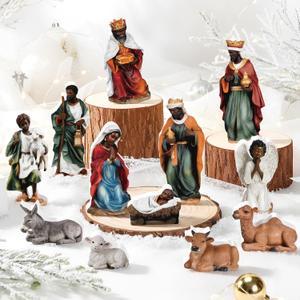 Thyle 12 Pcs African American Mini Nativity Scene Set for Christmas Indoor Decor Wooden Little Black Nativity People Set Mini Christmas Ornaments Gifts Xmas Tabletop Scenes Figures