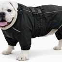 Lovelonglong Waterproof Dog Raincoat 4-Leg Full Body Dog Rain Suit with Reflective Strips & Leash Opening, Outdoor Dog Jacket for Rainy Weather (Black), Size: B-L (bulldog back 15.5")