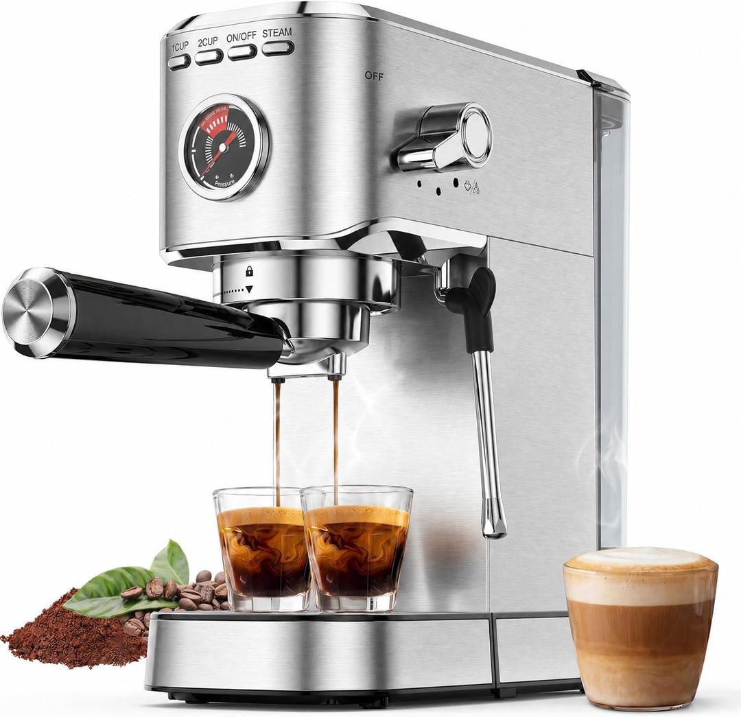 Oaomi Espresso Machine 20 Bar, Compact Expresso Coffee Machines with Milk Frother,Stainless Steel Espresso Maker with 39oz Removable Water Tank for Latte Cappuccino etc (Silver)