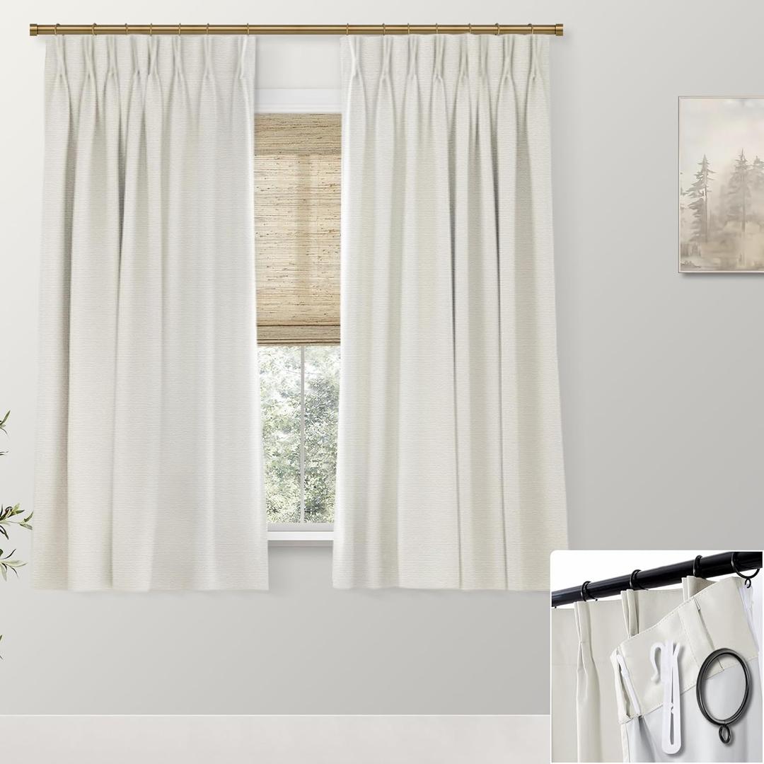 SHINELAND Short Blackout Curtains for Bedroom Windows,Extra Wide Pre-Pleated Black Out Linen Pinch Pleat Cafe Curtains 45 Inch Length for Kitchen (Natural Cream)
