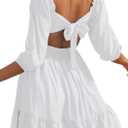 Phortric Womens Summer Tie Back Dress Square Neck Lantern Sleeve Off Shoulder A-Line Casual Mini Dresses (Medium)