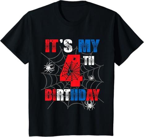Kids It's My 4th Birthday Spider Theme Party 4 Year Old Boys T-Shirt xs