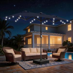 AreShark 13 FT Patio Umbrella with Solar Lights, Double-Sided Outdoor Table Umbrellas with Crank, Large Rectangular Market Umbrella for Porch, Lawn, Pool, Backyard, Navy