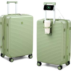 HanTrip Hard Shell 20 Inch Carry on Luggage Expandable Travel Luggage, TSA Approved Luggage with Cup Holder Charger Built in, Lightweight Small Suitcases with Wheels, Bamboo Green