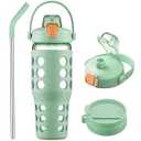 MUKOKO 32 oz Glass Tumbler with Straw, Glass Water Bottles with Time Marker, Iced Coffee Cup with 2 Lids-Handle Spout Lid&Straw Lid, Silicone Sleeve, Leakproof, 1 Pack-Green