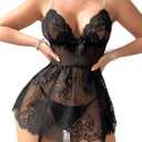 SOLY HUX Women's 4 Piece Lingerie Lace Sheer Babydoll Mini Dress Garter Chemise Sleepwear with Leg Ring (Black, XL)