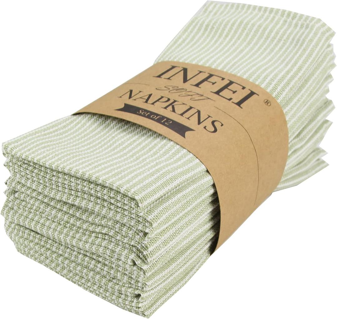 Narrow Striped Cotton Linen Blended Dinner Cloth Napkins - Set of 12 (40 x 30 cm) - for Events & Home Use (Green)