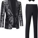 Tuxedo Suits for Men 2 Piece Regular Fit Suit Floral Blazer Jacket Waistcoat Pants Men Suit Set for Wedding Prom, Size XL