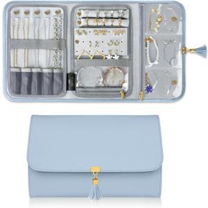 MATEIN Travel Jewelry Case, Compact Ring Organizer Carrying Bag for Rings, Earrings, Necklaces, Bracelets, Practical Separate Compartments for Jewelry Storage, Blue