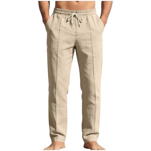 Men Linen Pants 2026 Fashion Drawstring Loose Fit Cotton Linen Pants Casual Lightweight Hawaiian Vacation Clothes Khaki M