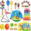 Kids Musical Instruments Set, 20 Pcs Toddler Wooden Percussion Instruments for Baby Children with Tambourine Xylophone Maracas, Preschool Musical Toys Set for Boys and Girls with Carrying Bag