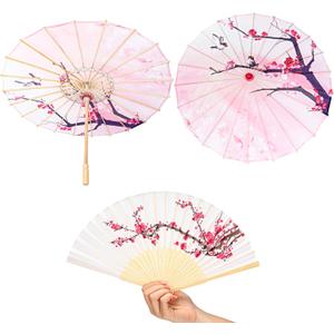 Xuniea 2 Pcs Cherry Blossom Decor Set Including 22 Inches Chinese Japanese Oiled Paper Umbrella and 8.3 Inches Foldable Handheld Silk Folding Hand Fan for Wedding Birthday Party Favor Decoration