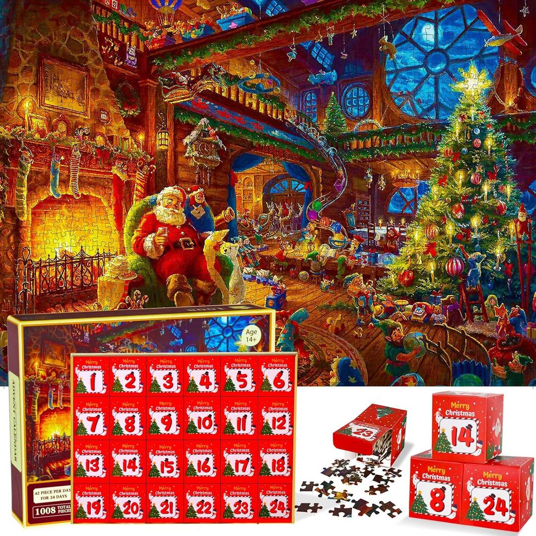Advent Calendar 2024 Christmas Jigsaw Puzzles, 24 Box 1008 PCS Christmas Puzzle Countdown Calendar for Adults Teens, 24 Days Surprise Christmas Stocking Stuffer Gifts for for Boys Girls Women Men