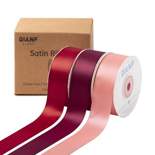 QIANF Burgundy Double Face Satin Ribbon 1 Inch x 45 Yards Wine Red Coral Pink Fabric Ribbon for Gift Wrapping, Flower Bouquets, Bows Making, Wedding Decor, Invitation Cards, Christmas (3 Rolls *15Yd)