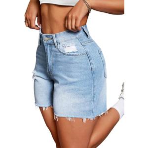 IWD Jean Shorts for Women High Waisted Stretchy Casual Denim Shorts Ripped Frayed Hem Summer Trendy Jorts (Blue), L