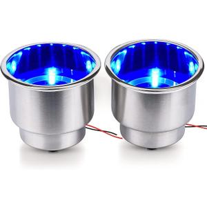 2 Pcs Blue LED Stainless Steel Cup Drink Holder with Drain & LED Marine Boat Rv Camper Seating