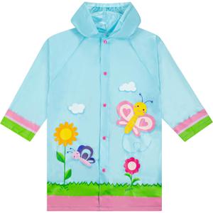 Puddle Play Kids Lightweight Rain Outwear Slicker, Hooded and Waterproof - Light Blue Garden and Butterfly Design Jacket - Size 4-5 Years