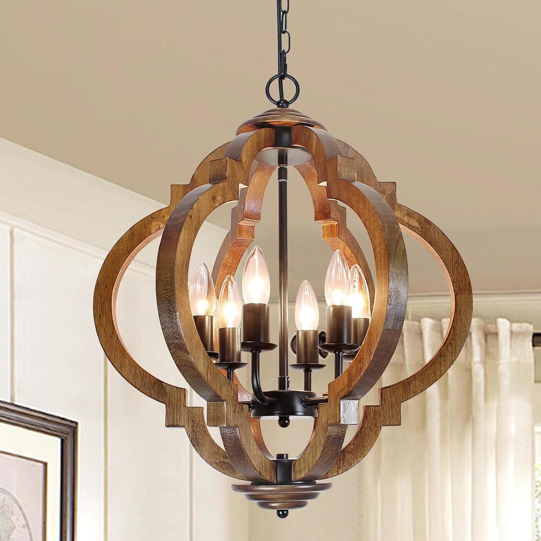 Farmhouse Rustic Wooden Chandelier, 6-Light Farmhouse Hanging Light Fixture with Black Metal & Brown Wood, for Dining Room, Kitchen, Living Room, Entryway, Foyer, Bedroom, Hallway