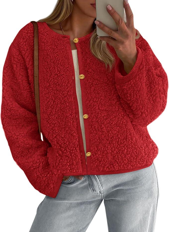 PRETTYGARDEN Women's 2025 Fall Fashion Clothes Trendy Fleece Sherpa Cropped Jackets Buttons Warm Casual Winter Faux Fur Coats Size XXL