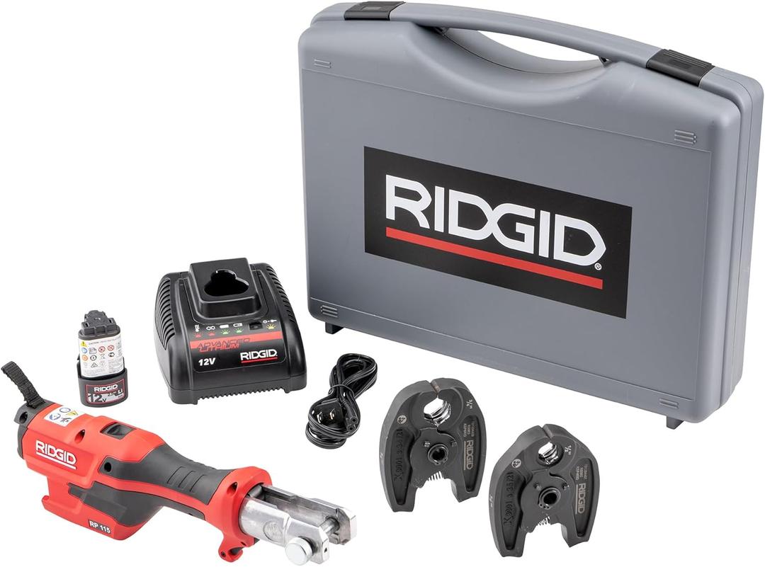 RIDGID 72553 Model RP 115 Mini Press Tool and Battery Kit with 1/2" to 3/4" ProPress Press Tool Jaws, 2V Li/Ion Battery, 12V Charger, and Carrying Case , Red