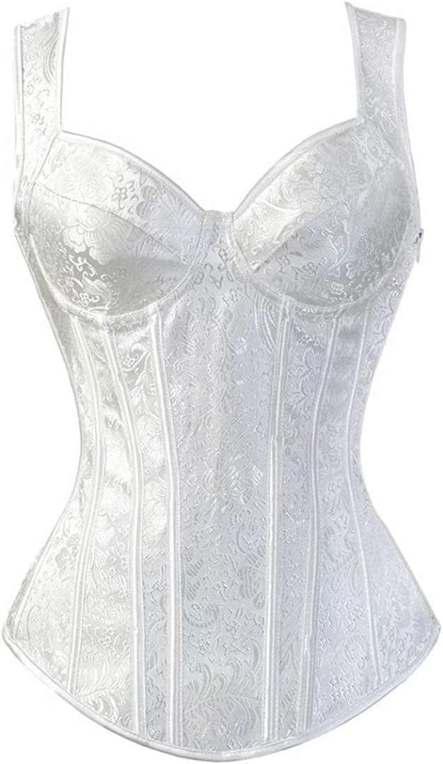 Women's Lace up Gothic Jacquard Shoulder Straps Tank Overbust Shaper Corset Bustiers Top (X-Large, White)