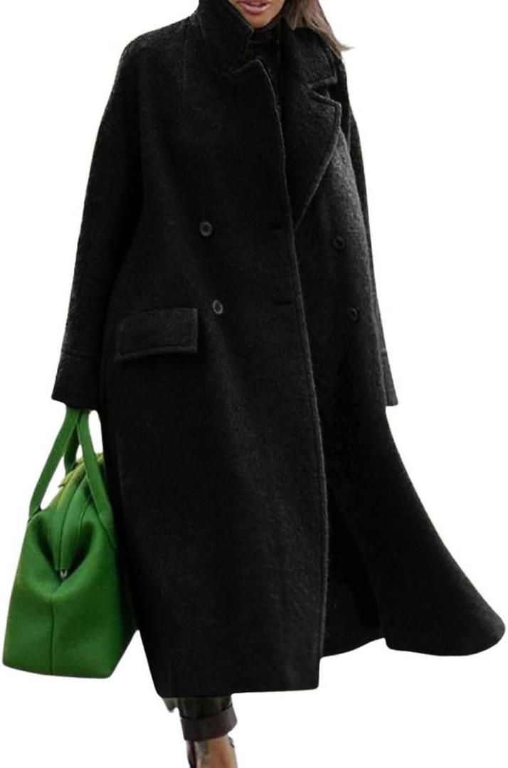 CHARTOU Women Oversized Long Winter Coats Warm Wool Blend Pea Trench Coat Overcoat (X-Large, Black)