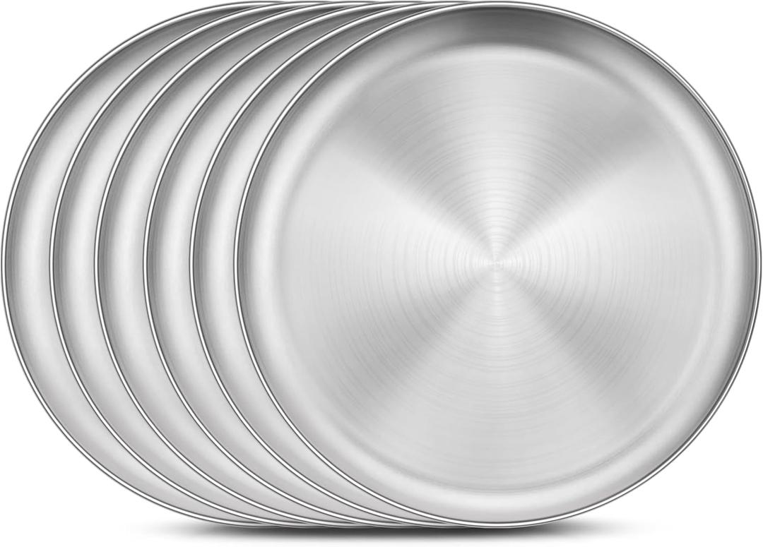 Homikit 6 Pack Stainless Steel Plate Set, 10.2 Inch Metal Kids Dinner Plates for Children Adult, Round Camping Plates for Serving Dishes Dessert Salad, Non Toxic & Reusable, Dishwasher Safe